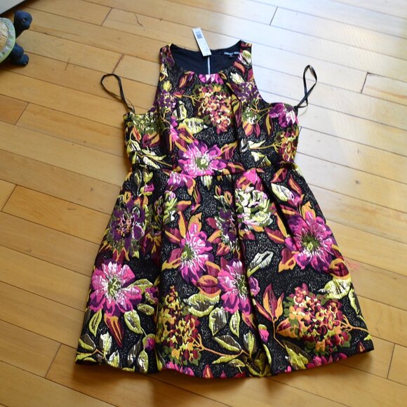 Gianni Bini Dress Womens Small Black Pink Floral Jaquard Metallic Size L NWT - Picture 1 of 13